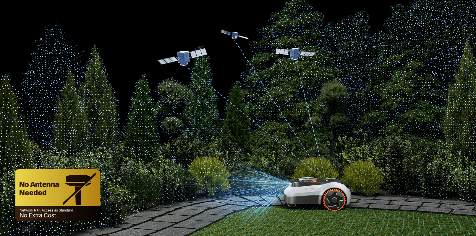 Navimow i105E robot lawn mower uses satellite signals, no antenna.
