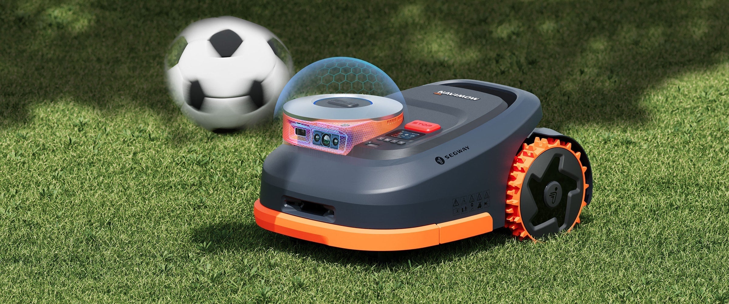 Segway Navimow i Series robot lawn mower near soccer ball.