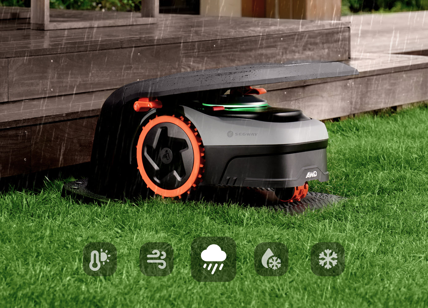 Segway Navimow AWD robot lawn mower parked in the rain.
