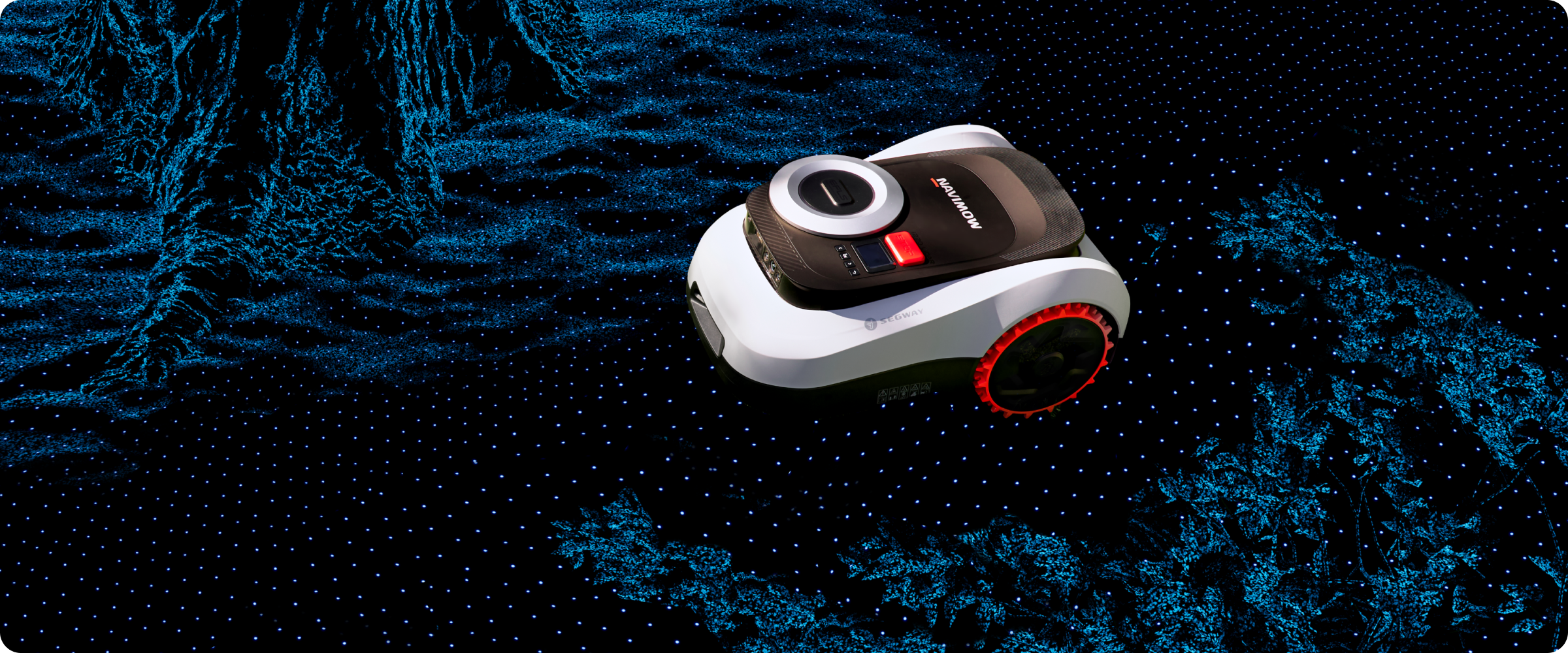 Segway Navimow robot lawn mower on a blue digital field.
