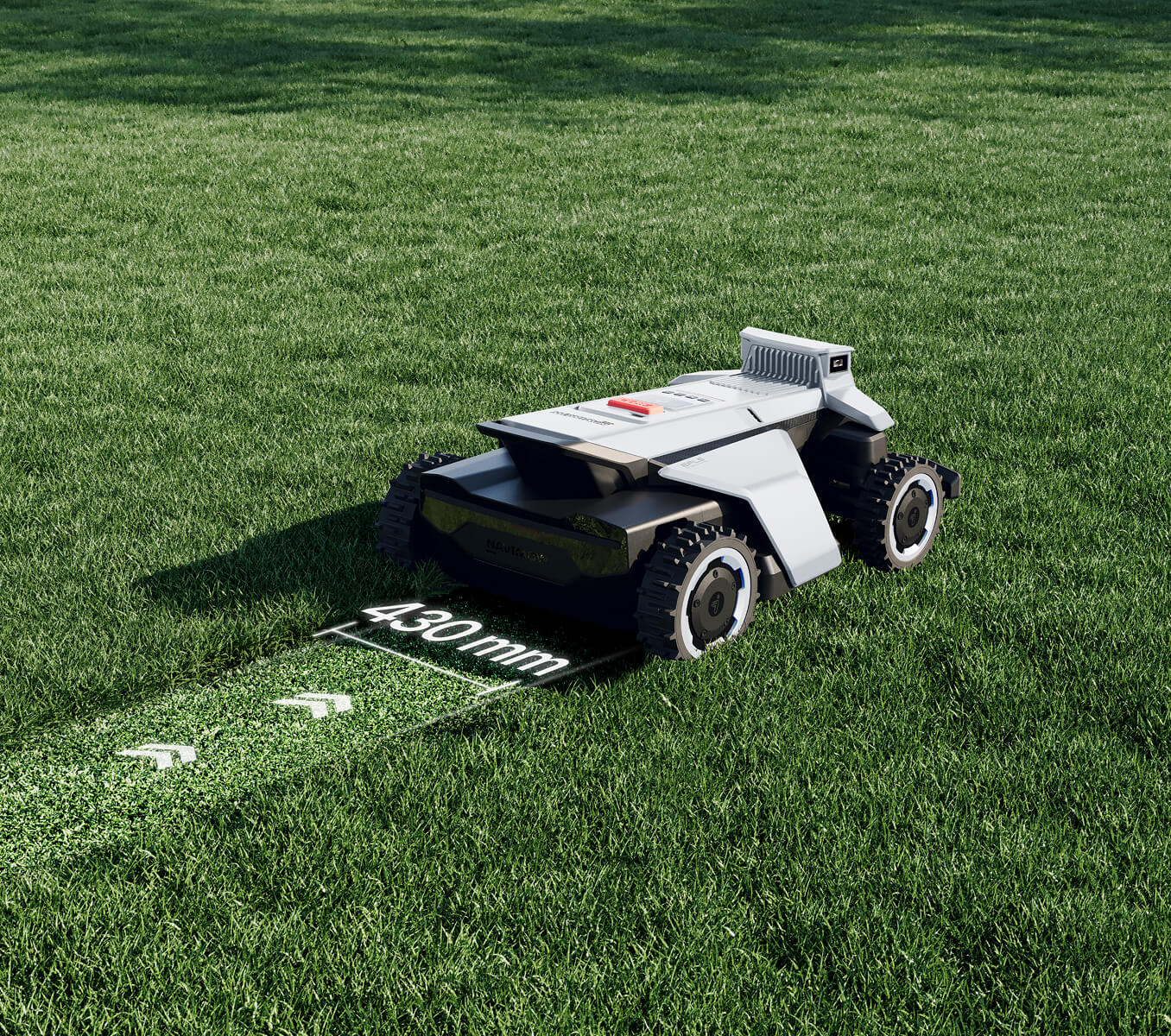 Navimow i110E robot lawn mower cutting grass in a passage.