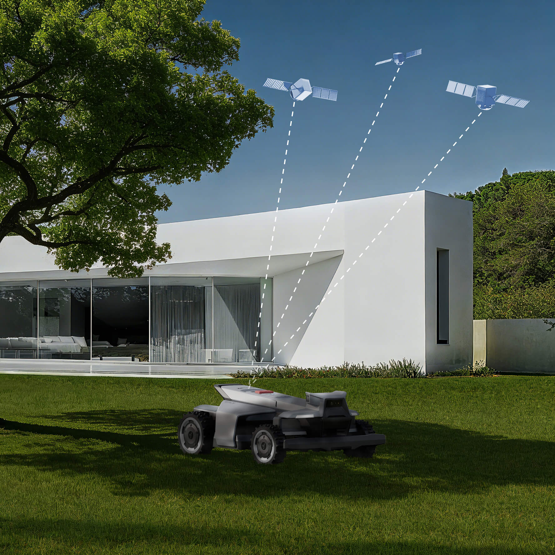 Navimow i110E robot lawn mower mows grass under the tree.