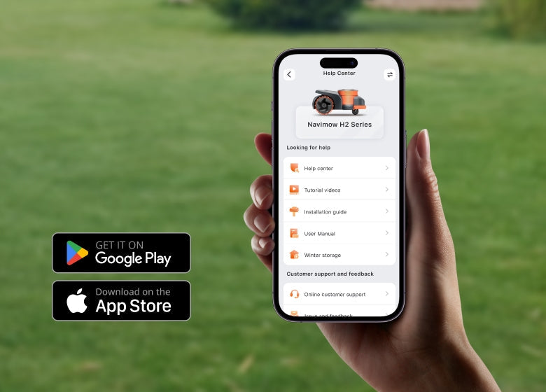 Navimow H2 Series robot lawn mower app on a phone.