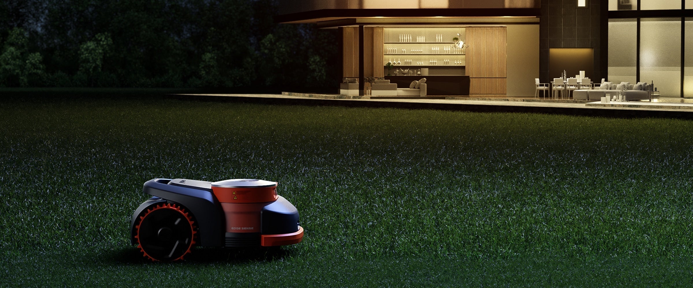 Navimow i Series robot lawn mower mowing grass at night.