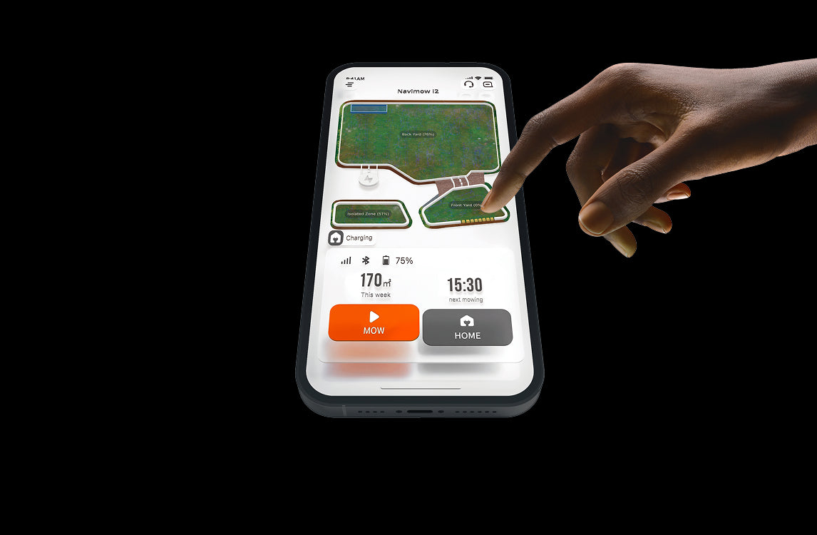 Hand using the Navimow i2 robot lawn mower mobile app.