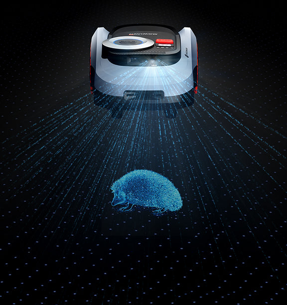 Navimow i Series robot lawn mower scanning hedgehog in darkness.