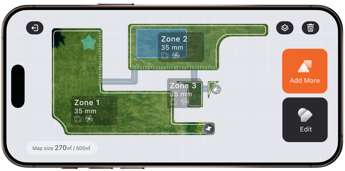 Navimow i110E robot lawn mower app showing mapped garden zones.